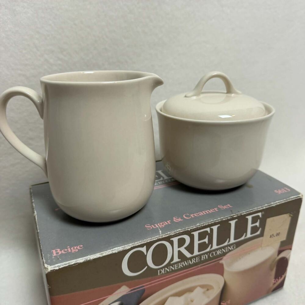 Vintage Corelle by Corning Sandstone Beige Sugar Bowl w/Lid Creamer Pitcher Set
